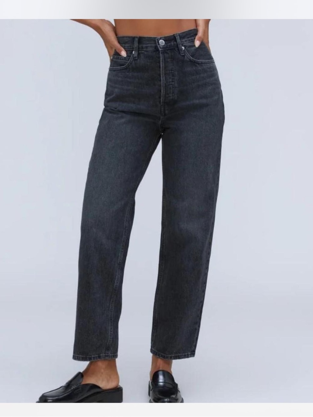 everlane black organic cotton denim high rise straight leg mom jeans